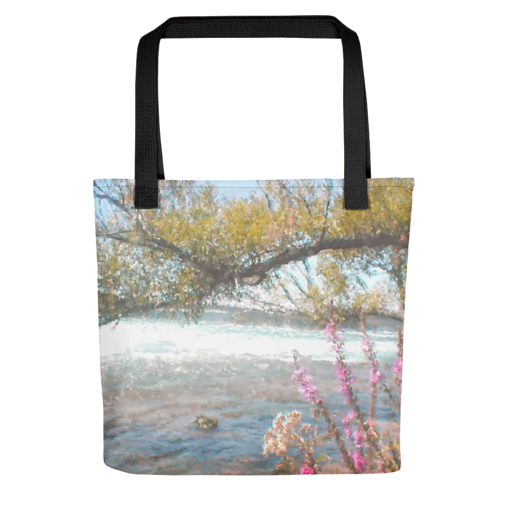 Tote Bag with art By the Flowing River by Malinee Ganahl